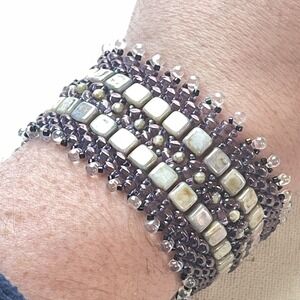 Handcrafted Czech Picasso Glass Beaded Purple Metallic Woven Wide Bracelet 8.75"